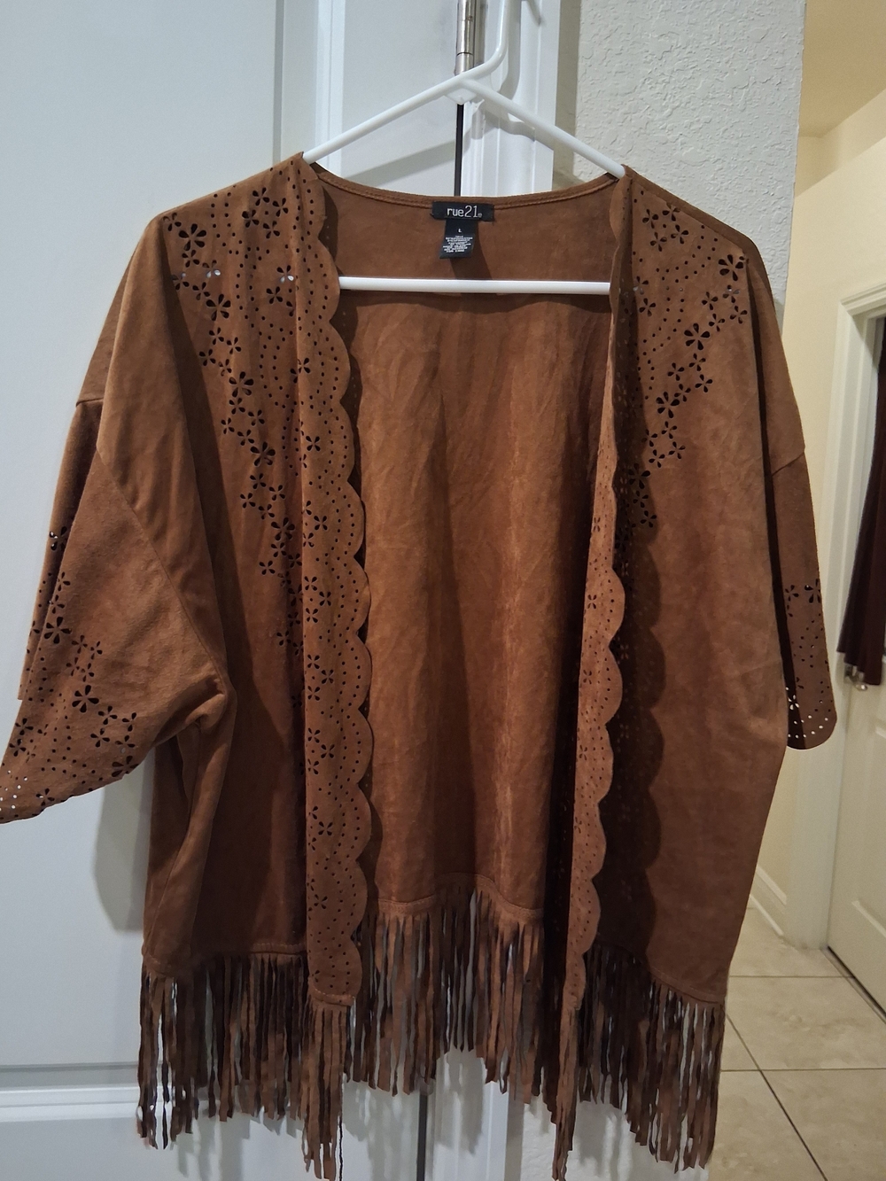 J: Rue21 Brown Faux Suede Fringe Open Cardigan Jacket